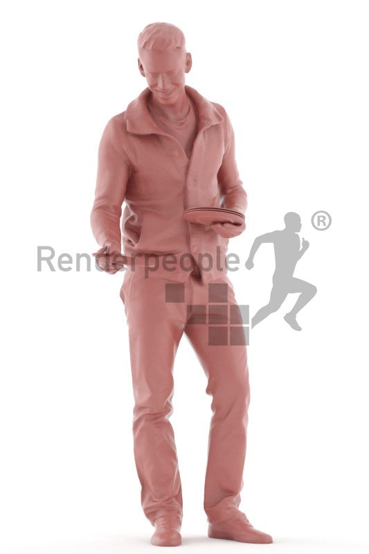Posed 3D People model for visualization – european man in casual outfit, preparing the table