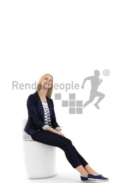 3d people casual, white 3d woman sitting and smiling