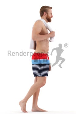 3d people beach, attractive white 3d man walking holding a towel