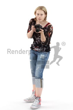 3d people casual, white 3d woman taking a photo