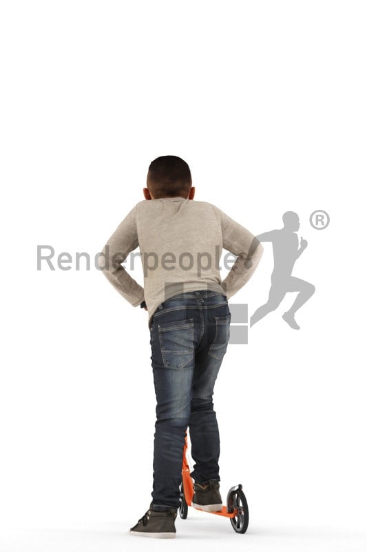 Posed 3D People model for renderings – asian kid in daily outfit, on a scooter