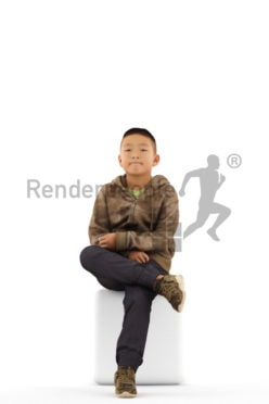 3d people casual, asian 3d kid sitting and waiting