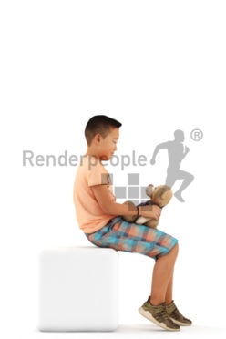 3d people casual, asian 3d kid sitting and playing with a teddybear