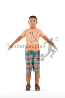 3d people casual, rigged asian kid in A Pose