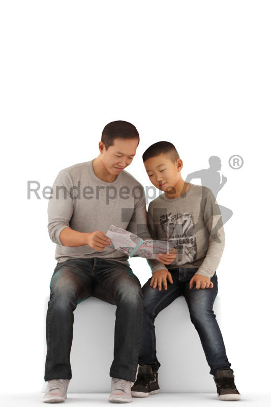 Scanned human 3D model by Renderpeople –asian man and asian boy, sitting next to each other and reading something