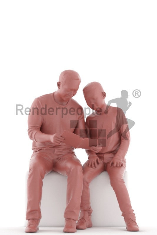 Scanned human 3D model by Renderpeople –asian man and asian boy, sitting next to each other and reading something