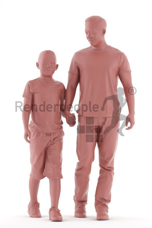 3D People model for 3ds Max and Blender – asian man in daily look, walking with his son