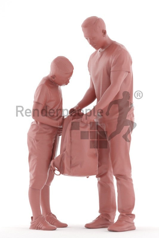Scanned human 3D model by Renderpeople – asian man with his son, casual look, standing wánd looking into the bag