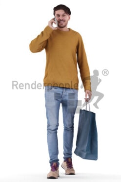 Posed 3D People model for visualization – walking white man, carrying a shoppingbag and calling