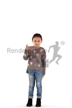 3d people casual, white 3d kid standing and waving her hand