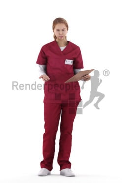 Scanned 3D People model for visualization – european female wearing medical wear, holding a clipboard and interacting