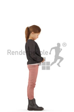 3d people casual, white 3d kid standing and closing her jacket