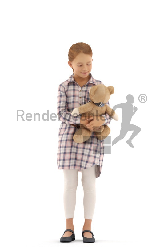 3d people casual, white 3d kid standning with her teddy bear