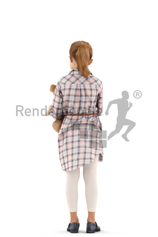 3d people casual, white 3d kid standning with her teddy bear