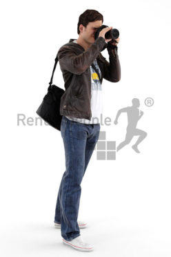 3d people outdoor, white 3d man with camera taking a photo