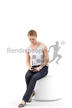 3d people casual, white 3d woman sitting and typing on her phone