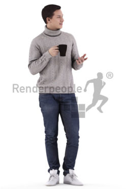 Scanned human 3D model by Renderpeople – european man in winter outfit, talking while holding a cup