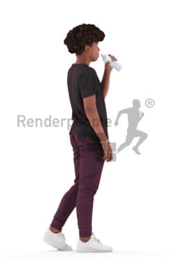 Scanned human 3D model by Renderpeople – black teenager in casual clothes, walking while drinking