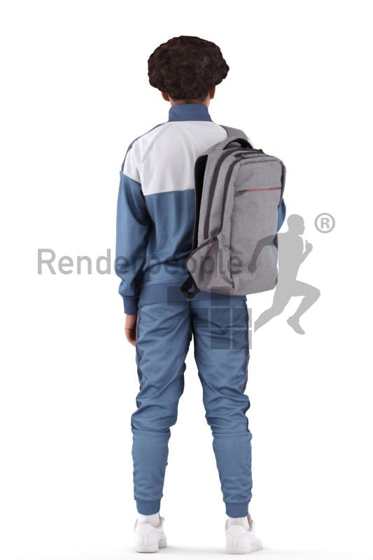 3D People model for 3ds Max and Maya – black teenager in casual clothes, standing with a backpack