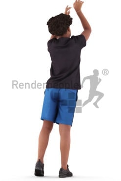 Posed 3D People model for renderings – black teenager in sports outfit, throwhing the ball in the basket