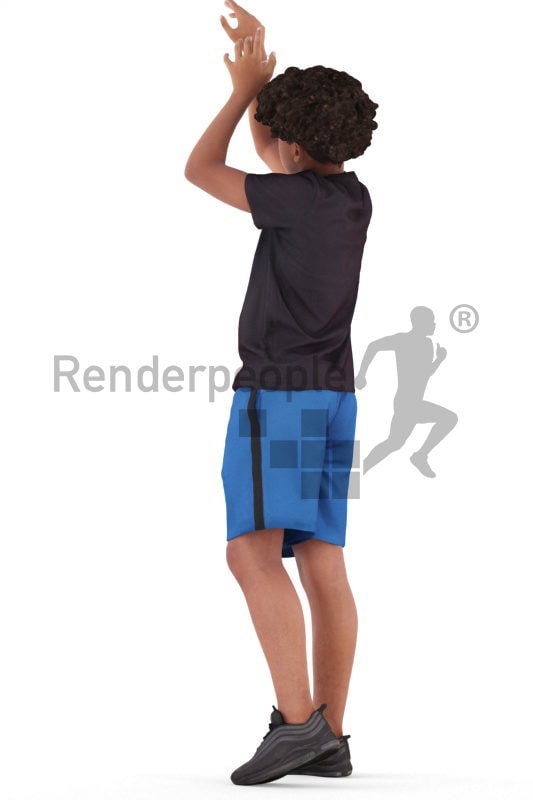 Posed 3D People model for renderings – black teenager in sports outfit, throwhing the ball in the basket
