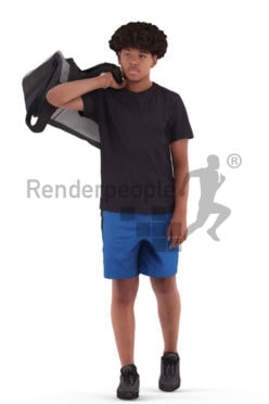 Scanned 3D People model for visualization – black teenager in sports clothing, carrying his sportsbag