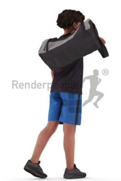 Scanned 3D People model for visualization – black teenager in sports clothing, carrying his sportsbag