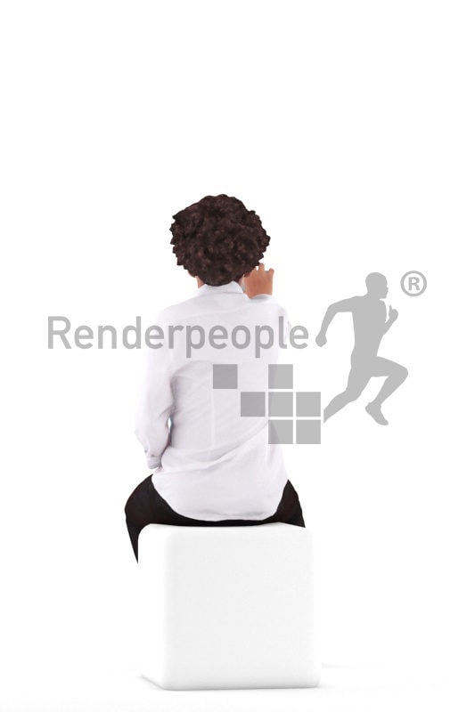 Photorealistic 3D People model by Renderpeople – black boy in a chic shirt, sitting and taking a selfie with his mobilephone