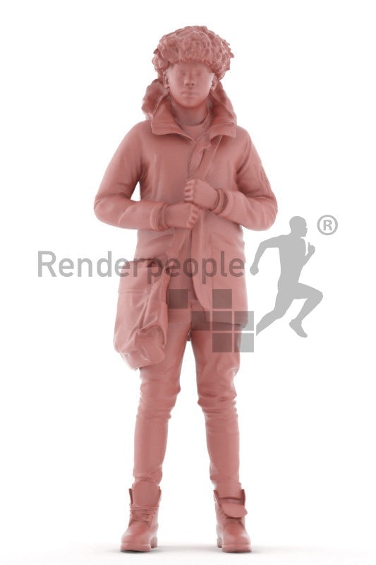 Photorealistic 3D People model by Renderpeople – black boy in winter outdoor look, standing with a bag
