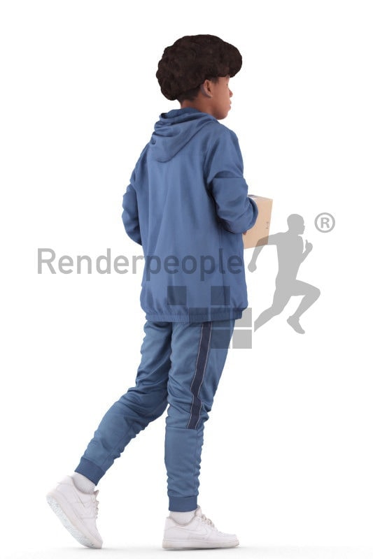 Photorealistic 3D People model by Renderpeople – black teeanager in casual hoodie, carrying a package