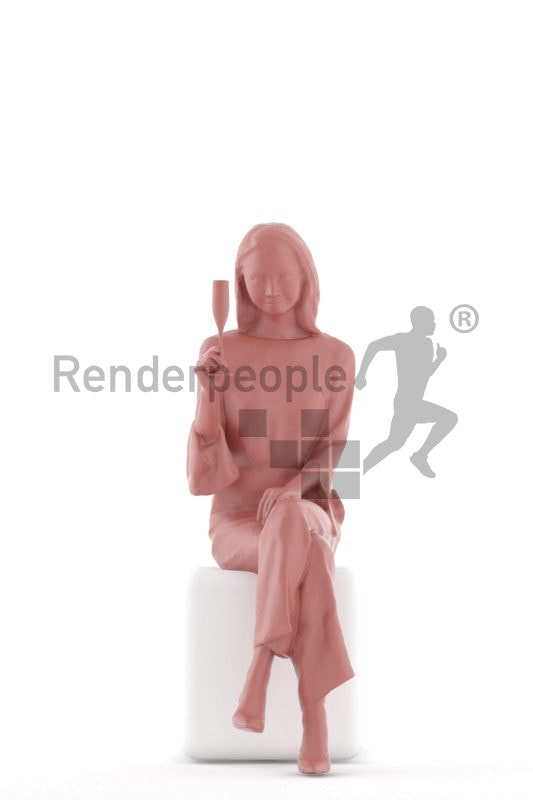 Posed 3D People model for visualization – asian woman in a chic event dress, sitting and drinking prosecco