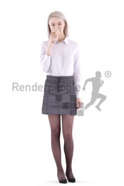 3d people business, asian 3d woman walking and drinking coffee