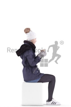 3d people outdoor, asian 3d woman sitting and drinking