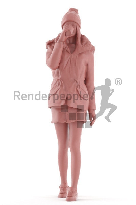 3d people outdoor, asian 3d woman walking and drinking