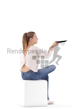 Scanned human 3D model by Renderpeople – european woman sitting and holding a plate