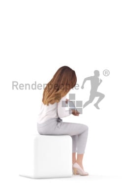 3D People model for 3ds Max and Cinema 4D – european female in office clothing, sitting and holding a tablet