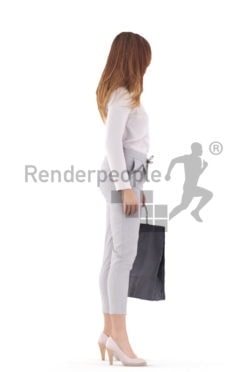 Posed 3D People model for visualization – euroepan woman in smart casual look, standing and holding a paperbag