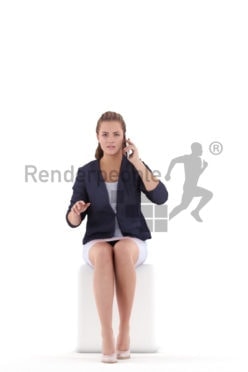 Photorealistic 3D People model by Renderpeople – white woman in office look, sitting and calling