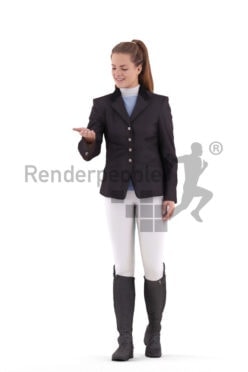 Posed 3D People model for renderings – european woman in riding outfit, feeding a horse