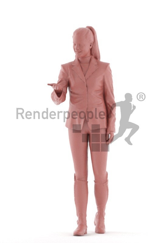 Posed 3D People model for renderings – european woman in riding outfit, feeding a horse
