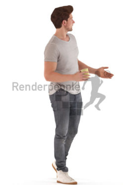 3d people casual, young man walkingdebating with a cup in his hand