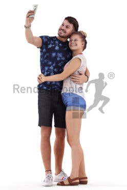 Posed 3D People model for renderings – european couple in casual summer look, taking a selfie