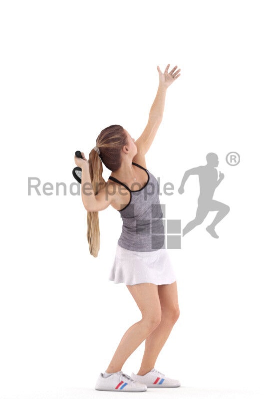 Scanned 3D People model for visualization – european woman in tennis dress, playing