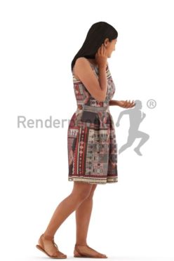 3d people casual, young woman walking looking over her shoulder