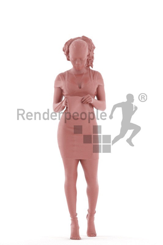 Posed 3D People model for renderings – black woman in chic event dress, walking and searching in her bag
