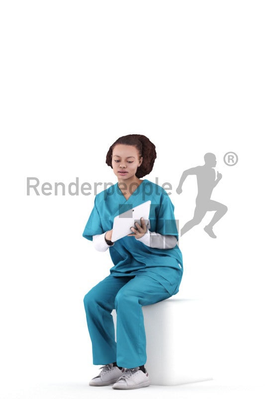 Posed 3D People model by Renderpeople – black woman in healthcare outfit, sitting and showing something on the tablet
