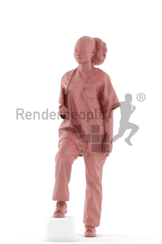 Scanned 3D People model for visualization – black female in medical outfit, holding a clipboard and walking upstairs