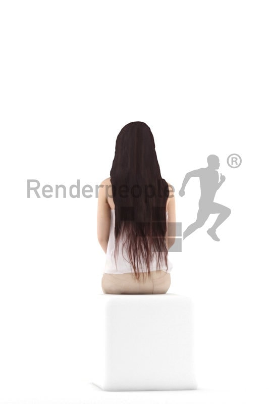 Posed 3D People model for renderings – asian woman in daily spring outfit, sitting