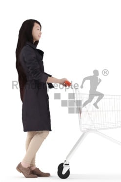 Photorealistic 3D People model by Renderpeople – asian woman in a trenchcoat, walking with a shopping cart