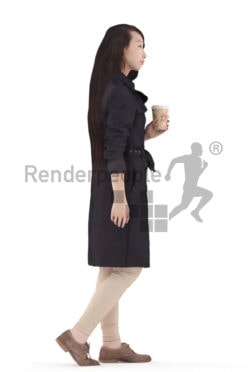 3d people casual outdoor, asian 3d woman walking holding mug